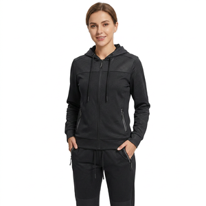 Ensemble de survêtement noir à capuche pour homme, fermeture éclair intégrale, sweat-shirt et pantalon sportifs, couleur unie, polyester respirant, vêtements d'automne - Product Image 2