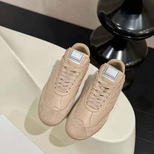 Beige Retro German <b>Trainer</b> Sneakers | <b>Leather</b> Suede Mixed Upper | Flat Casual Walking Shoes | Wholesale OEM ODM for <b>Women</b> Men - Product Image 1