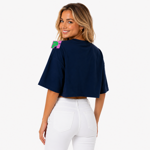 Camiseta Corta de Mujer Azul Marino con Estampado de Letras Personalizado, Cuello Redondo, Manga Corta, Corte Holgado, Informal, Primavera Verano, 100% Algodón Jersey - Product Image 2