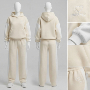 Conjunto Deportivo Informal para Mujer, Sudadera con Capucha Extra Grande Color Crema Rosa, Pantalones Jogger de Pierna Ancha, Conjunto de Dos Piezas - Product Image 2