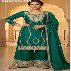 Ensemble Kurta-Plazzo & Dupatta en Chinon de qualité supérieure, aux couleurs tendance et étonnantes, avec broderies, fabriqué en Inde, vente en gros. - Product Image 1