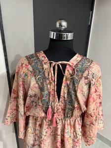 Peach Floral Printed <b>Short</b> <b>Kaftan</b> Dress V Neck Kimono Sleeve Drawstring Waist Tassel Bohemian Dubai Modest best summer wear - Product Image 4