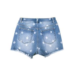 Shorts en jean taille haute pour femme avec imprimé étoiles blanches, ourlet effiloché, style décontracté - Product Image 2