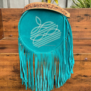 2025 New Arrivals Boot Stitch Hand Tooled Suede Leather Round Shoulder Fringe Bag for Women Genuine Leather Circle Crossbody Bag - Product Image 3