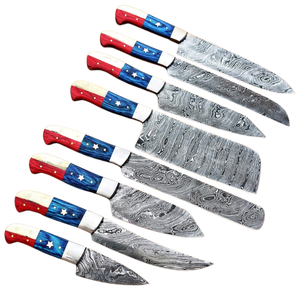 Ensemble de 8 couteaux de chef en acier Damas faits à la main avec manches étoilés rouge, bleu et blanc – Couteaux de cuisine professionnels pour la découpe - Product Image 4