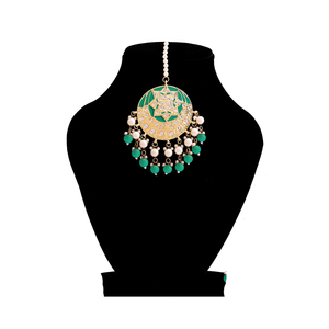 Chaîne florale Kundan indienne pour femme, Maang Tikka plaqué or avec pierres d'émeraude, vente en gros, style bohème - Product Image 2