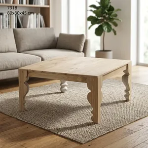 Table basse rectangulaire en bois rustique avec plateau et pieds courbes, finition naturelle et base sculpturale artisanale - Product Image 5
