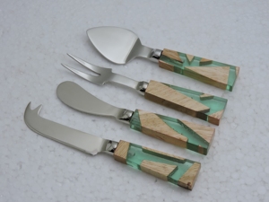 Stainless Steel Cheese Utensil Set 4 Piece Wood Handle Blue Resin Serving Tools Hand Wash Only - Product Image 2