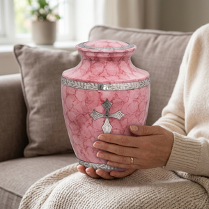 Large Pink Cremation Urn Adult Funeral Memorial Metal Urns for Human Ashes Engraved Silver Holy Cross Marble Finish Printed Jars - Product Image 2