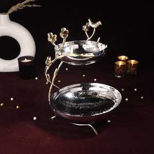 Ensemble de bols décoratifs de luxe en acier inoxydable poli, faits à la main, à deux niveaux, avec motif d'oiseaux dorés sur branche - Product Image 4