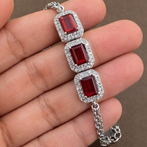 Trendy Everyday Garnet Emerald-Cut Chain <b>Bracelet</b> Rhodium Plated 925 Sterling Silver for Wedding Party Gift Occasions - Product Image 3