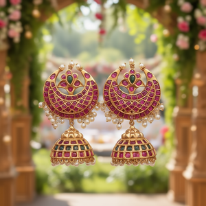 Vintage Half <b>Moon</b> Kempu Jhumki Drop Earrings with Pearl and Diamond for Wedding and Party - Product Image 3