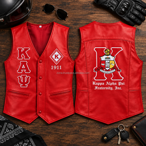 Gilet personnalisé rouge en cuir PU pour homme, col en V, style motard, broderie avant et arrière, lettres grecques, pour fraternité et sororité, vente en gros OEM - Product Image 6