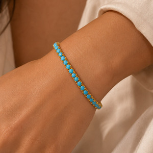 925 Sterling Silver Vintage <b>Gold</b> Turquoise Cabochon Chain Link Tennis <b>Bracelet</b> for Women - Product Image 2
