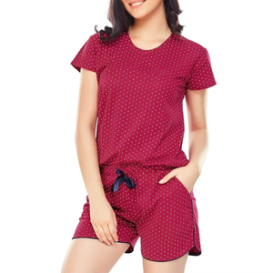 Conjunto de 2 piezas de pantalones cortos para mujer, cuello redondo, manga corta, estampado de puntos, tejido transpirable, informal, por encima de la rodilla, corte regular - Product Image 2