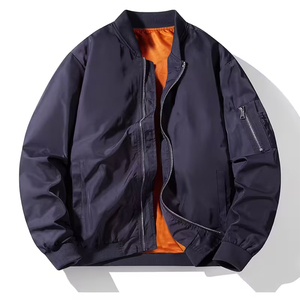 Chaqueta Bomber Unisex Personalizable de Alta Calidad, Azul Marino, Manga Larga, Cierre de Cremallera, Cuello Camisero, Talla Grande, Casual, Resistente al Viento - Product Image 1