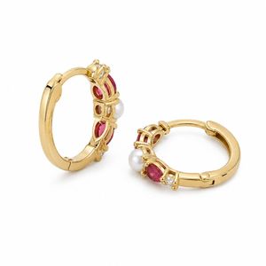 Pendientes Huggie de Plata de Ley 925 al por Mayor, Chapados en Oro de 18K, con Perlas y Circonitas Rosas - Product Image 3
