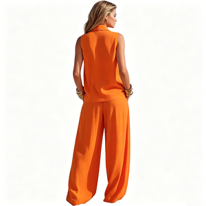 Conjunto de 2 Piezas para Mujer, Top Corto sin Mangas con Cuello en V y Pantalones Anchos, Estilo Minimalista para Vacaciones de Verano o Crucero - Product Image 2