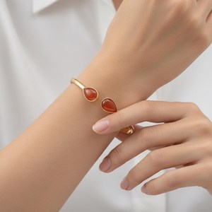 Pear Shape Red Coral <b>Bangle</b> <b>Bracelet</b> 925 Sterling Silver 14K Gold Plated Dainty Adjustable Boho Gemstone Jewelry - Product Image 3