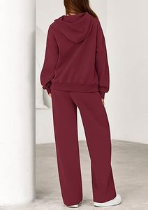 Conjunto Deportivo con Capucha Color Borgoña para Mujer, Manga Larga, Color Sólido, Corte Holgado Informal con Bolsillos Laterales, Ropa de Otoño - Product Image 5