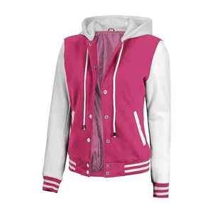 Chaqueta Varsity con Capucha en Bloques de Color Rosa y Blanco, Unisex, Informal, para Otoño, Largo Regular, Material de Poliéster Tejido - Product Image 1