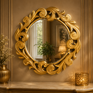 Espejo Redondo de Madera Tallado a Mano con Espiral Botánica, Acabado Dorado Antiguo, Espejo Decorativo de Pared, Decoración de Lujo - Product Image 1