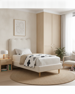 Cama Individual Tapizada de Estilo Moderno con Cabecera Ondulada, Tela de Algodón, Muebles Escandinavos para Dormitorio Infantil, Estructura de Madera Maciza, Diseño Ondulado para Niños - Product Image 1