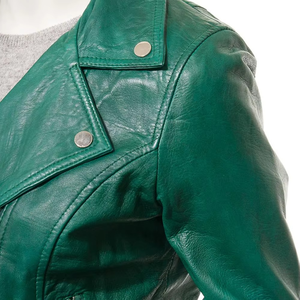 Women Genuine Leather Moto Jacket Green Full Sleeve <b>Stand</b> Collar Zipper Closure Autumn Style - Product Image 5