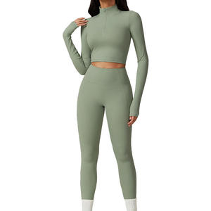 Ensemble de yoga 2 pièces pour femmes, leggings taille haute, haut court à bretelles croisées sans couture, couleur unie, vêtements de sport TZ8796 - Product Image 2