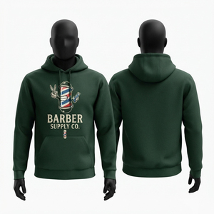 Sweat à capuche pour barbier en coton mélangé lourd 240 GSM vert foncé, imprimé sur mesure avec logo graphique de barbier, pour homme - Product Image 1