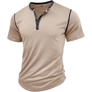 Camisetas Casuales de Manga Corta para Hombre, Cuello Redondo con Botones, 100% Algodón, Estilo Urbano con Contraste de Color, Diseño Personalizado para Primavera/Verano - Product Image 1