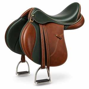 Selle d'équitation anglaise traditionnelle pour l'équitation et les sports équestres, selle anglaise en cuir vert et marron avec étriers - Product Image 1