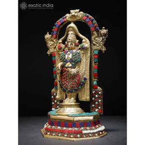 Statue de Lord Venkateshvara Tirupati Balaji de 11 pouces debout sur le trône de Kirtimukha avec sculpture de travail en incrustation de laiton complexe - Product Image 3