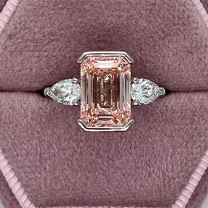 Anillo de compromiso de diamante rosa talla esmeralda, anillo de tres piedras con zafiro melocotón, anillo de boda de oro blanco con media engaste y piedra lateral en forma de pera, regalo. - Product Image 1