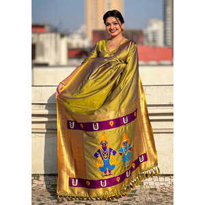 Mehendi Green Zari Woven Vitthala God Traditional Paithani Silk Saree Special <b>Indian</b> & <b>Pakistani</b> <b>Clothing</b> - Product Image 1