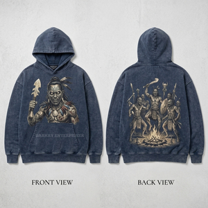 Sudadera con Capucha Personalizada Estilo Vintage Azul Marino con Lavado Ácido para Hombre, Estampado Gráfico Tribal Guerrero Ritual, Venta al por Mayor, Estilo Étnico Urbano - Product Image 1