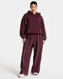 Pantalones Deportivos Anchos para Mujer, Diseño OEM, Color Ciruela con Ribete en Contraste, con Bolsillos, Tela Suave y Transpirable de Alta Calidad, Talla Grande - Product Image 5