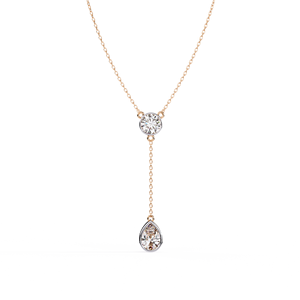 Two <b>Stone</b> Pear And Round Bezel Set Diamond Dangle Charms on Dainty Lariat Necklace Lab Diamond Necklace 10K 14K 18K Rose Gold - Product Image 1