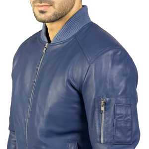 Chaqueta Bomber de Cuero Azul para Hombre, Cuello Mao, Cierre de Cremallera, Ropa de Invierno con Calefacción, Corte Regular, Puños Elásticos - Product Image 6