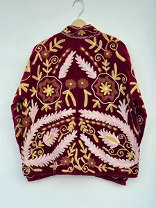 Luxury Burgundy <b>Velvet</b> Suzani <b>Jacket</b> with Tropical Floral Embroidery Full Sleeve Stand Collar Bohemian <b>Women's</b> Winter Coat - Product Image 3