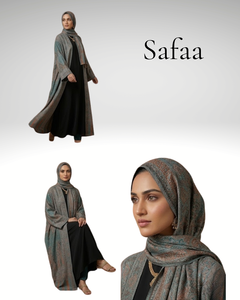 Ensemble Abaya Safaa en viscose tissée de luxe – Abaya ouverte sur le devant à motif tissé 2 pièces avec hijab assorti – Direct usine - Product Image 5