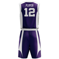 Ensemble de maillots de basket personnalisés unisexe violet et blanc sans manches, sublimés, en polyester anti-humidité, taille élastique, coupe athlétique
