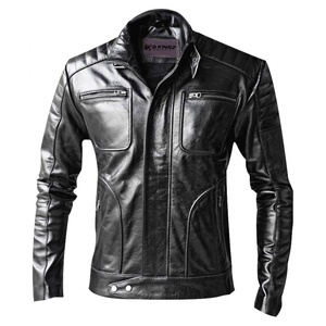 Chaqueta de Motociclista 5KINGZ para Hombre, de Cuero Genuino Negro, Corte Ajustado, Cuello Camisero, Cierre de Cremallera, Color Sólido, Largo Regular, Envío Rápido - Product Image 1