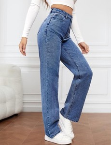Jeans de mezclilla rectos para mujer, personalizados al por mayor, de cintura media, transpirables, con parches de puntos y lavado claro/oscuro - Product Image 2