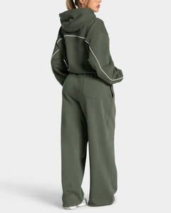 Women's Olive Green Hooded Sweatshirt Set Loose Fit Solid Color Knitted Two Piece Casual <b>Outfit</b> Full Length Pants and Long - Product Image 2