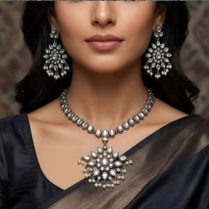 DIVYORO ELEGANT Oxidized Silver Plated Ethnic Teardrop Floral <b>Long</b> Adjustable Length Women's Wedding <b>Necklace</b> Set - Product Image 4