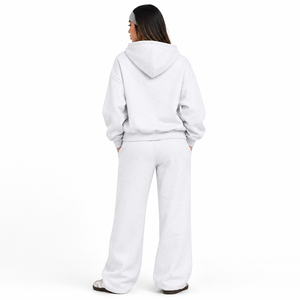 Ensemble survêtement femme personnalisé avec logo, sweat-shirt court blanc et pantalon large en molleton de coton, fermeture éclair intégrale, tenue de sport deux pièces - Product Image 2