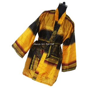 KS002 Hermoso Kimono Sari Vintage, Túnica Corta, Estampado Floral de Verano, Estilo Bohemio, Manga Larga, Holgado, para Vacaciones - Product Image 6