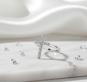 Bague Croix Diamant Or Blanc 14K 18K Minimaliste Chrétienne Diamant de Laboratoire Bague de Promesse Élégante Bague Croix Diamant de Laboratoire IGI - Product Image 1