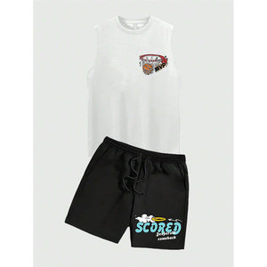 Ensemble de survêtements courts pour hommes, personnalisé par le fabricant, style vintage délavé à l'acide, imprimé sérigraphié, style urbain estival - Product Image 1